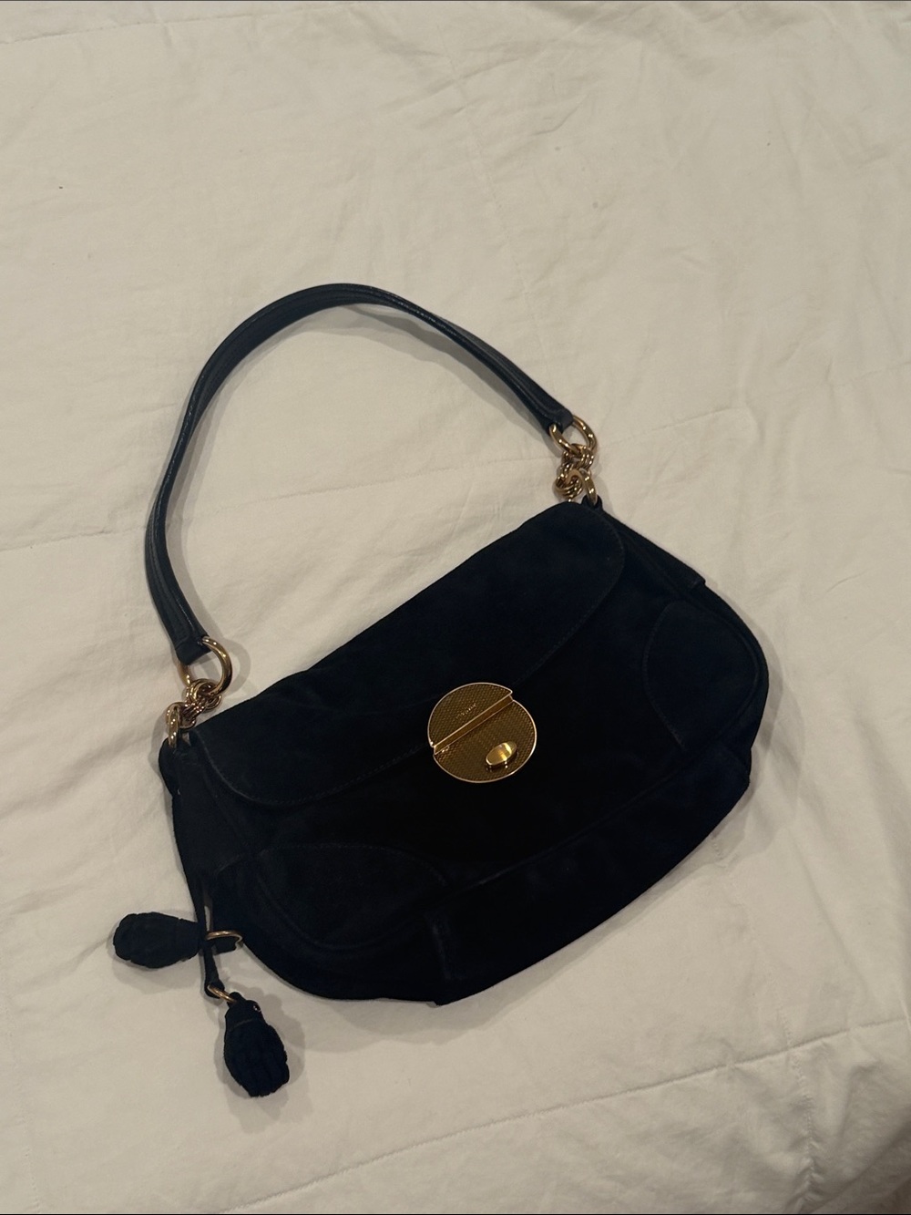 Prada Black Suede Shoulder Bag with Gold Hardware
